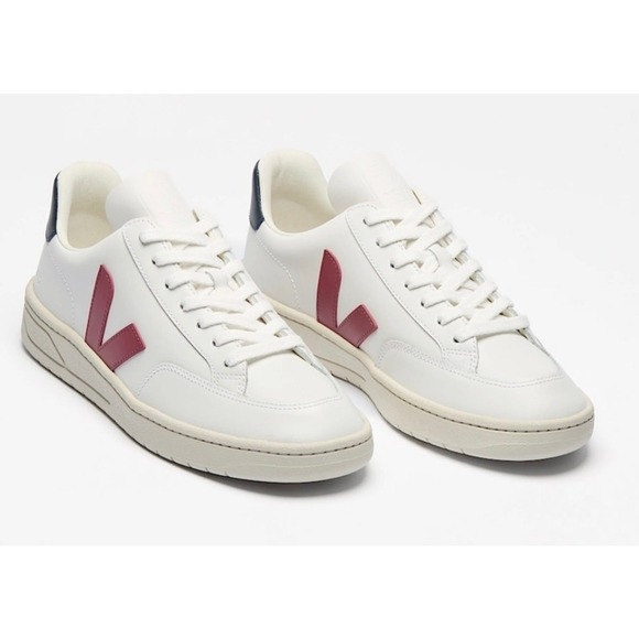 Veja Shoes - Veja V-12 Leather Sneakers White Red V Navy Heel Tab Size 39